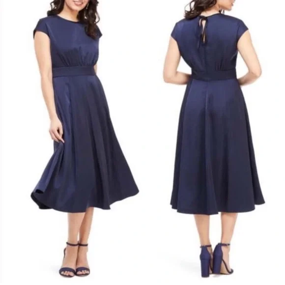 NEW • Gal Meets Glam • JULIA CREPE BACK SATIN MIDI DRESS IN NAVY Blue - Picture 2 of 6